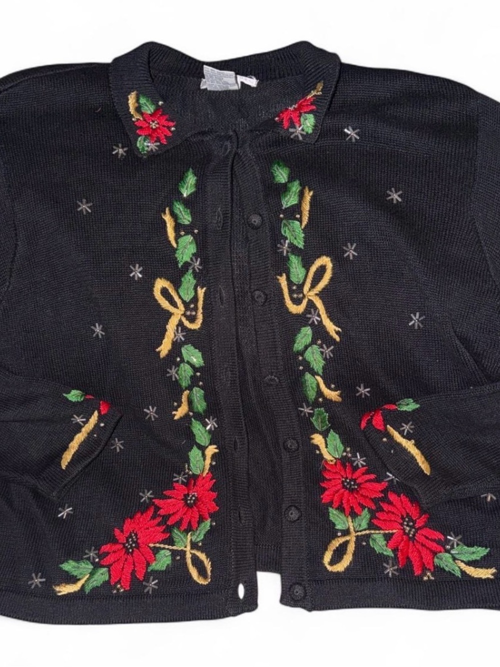 Victoria Jones Woman Black Cardigan with Red Poinsettia Embroidery